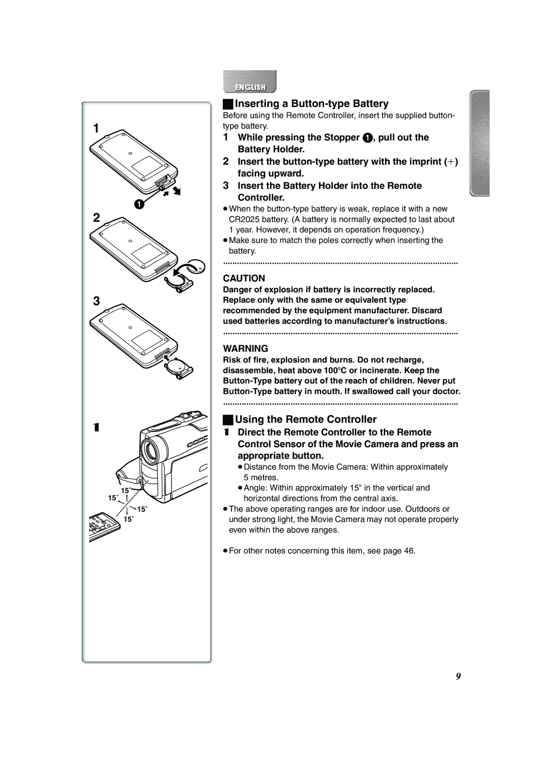 Panasonic NV-DS65, NV-DS60 operating instructions Inserting a Button-type Battery, Using the Remote Controller 