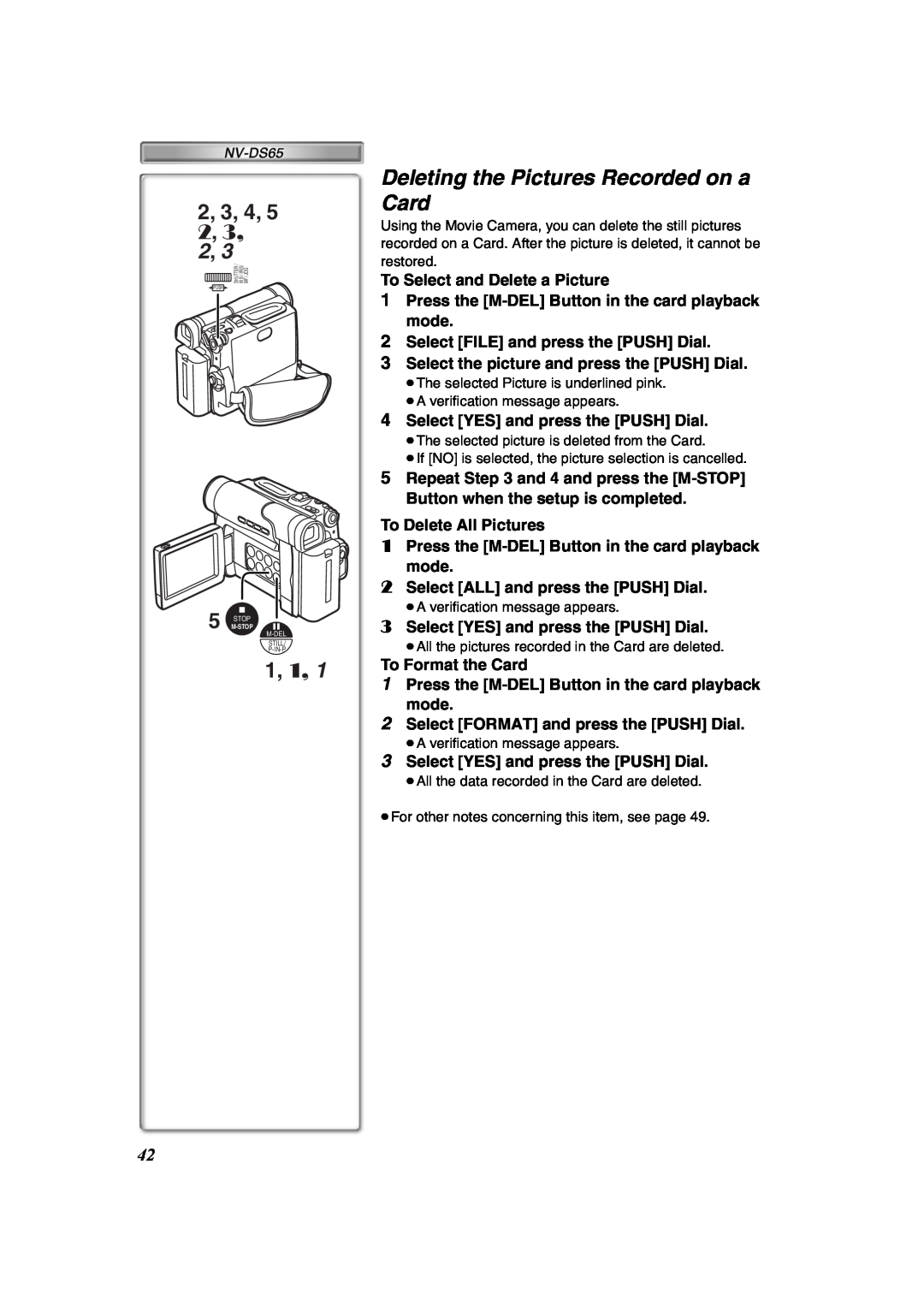 Panasonic NV-DS60 1, 1, Deleting the Pictures Recorded on a Card, To Select and Delete a Picture, To Delete All Pictures 