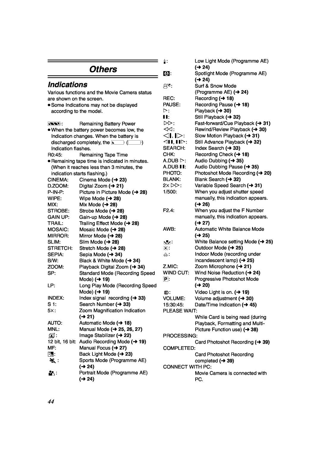 Panasonic NV-DS60, NV-DS65 operating instructions Others, Indications 