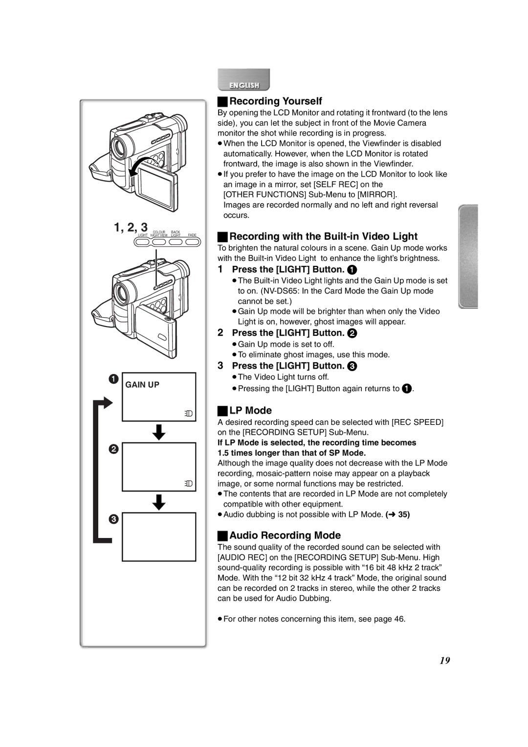 Panasonic NV-DS65EG, NV-DS60EG Recording Yourself, Recording with the Built-in Video Light, LP Mode, Audio Recording Mode 