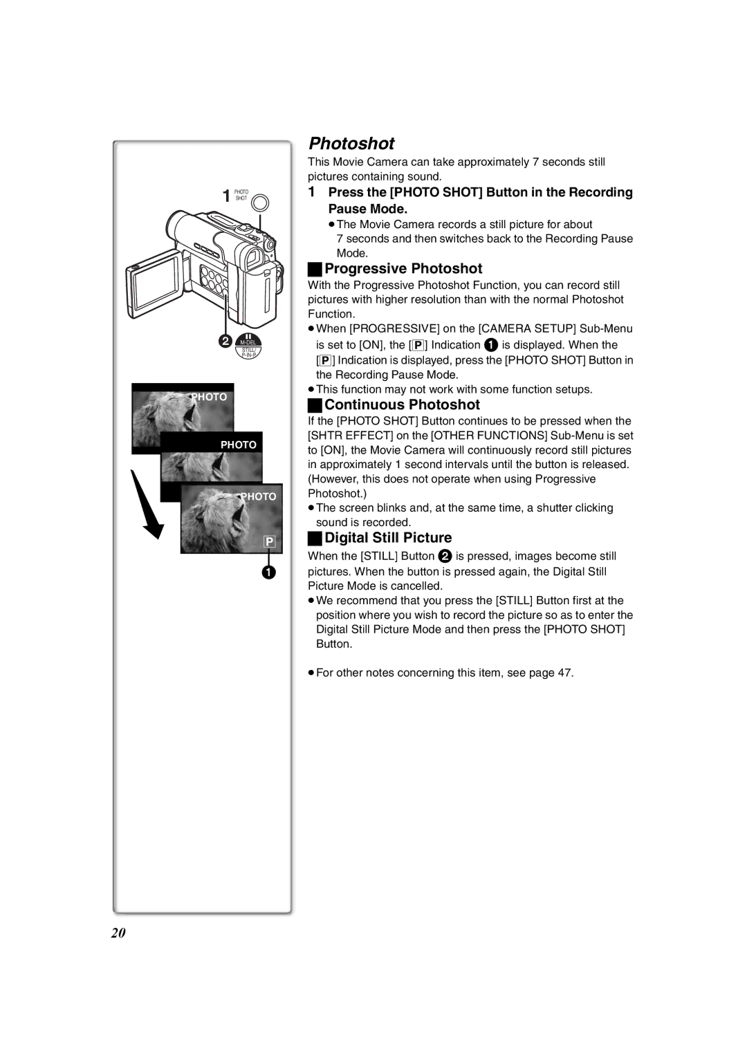 Panasonic NV-DS60EG, NV-DS65EG operating instructions Progressive Photoshot, Continuous Photoshot, Digital Still Picture 