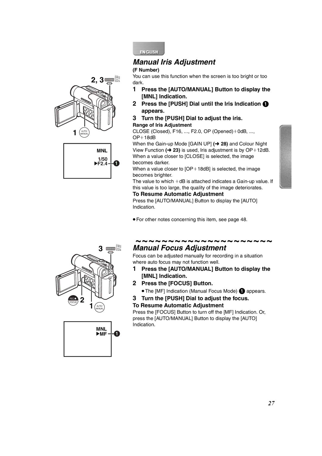 Panasonic NV-DS65EG, NV-DS60EG Manual Iris Adjustment, Manual Focus Adjustment, F21/50.4, Number, Range of Iris Adjustment 