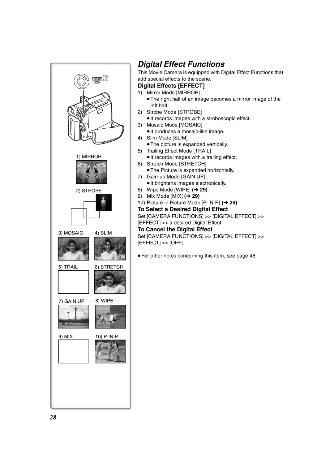 Panasonic NV-DS60EG, NV-DS65EG Digital Effect Functions, Digital Effects Effect, To Select a Desired Digital Effect 