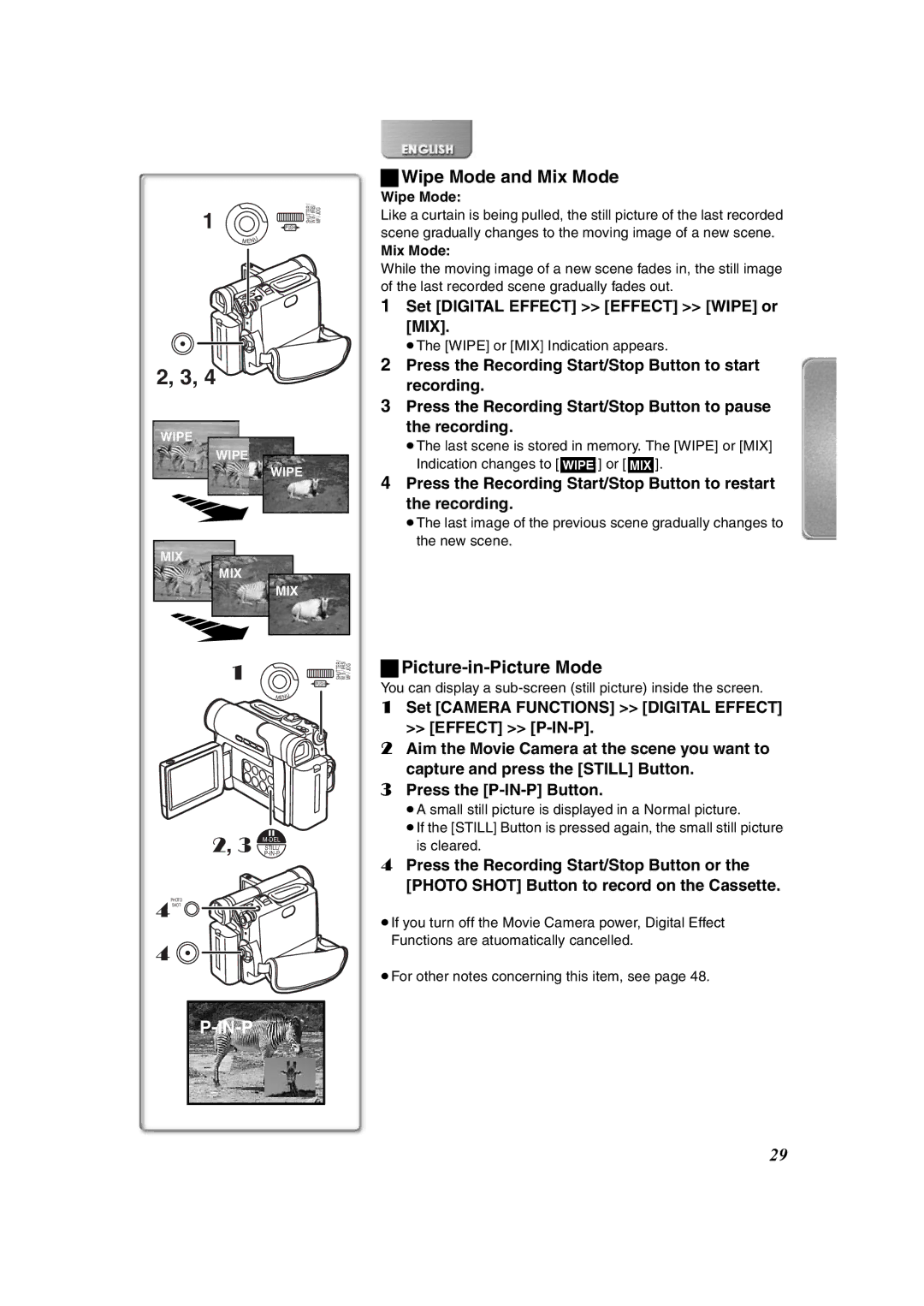 Panasonic NV-DS65EG, NV-DS60EG Wipe Mode and Mix Mode, Picture-in-Picture Mode, Set Digital Effect Effect Wipe or MIX 