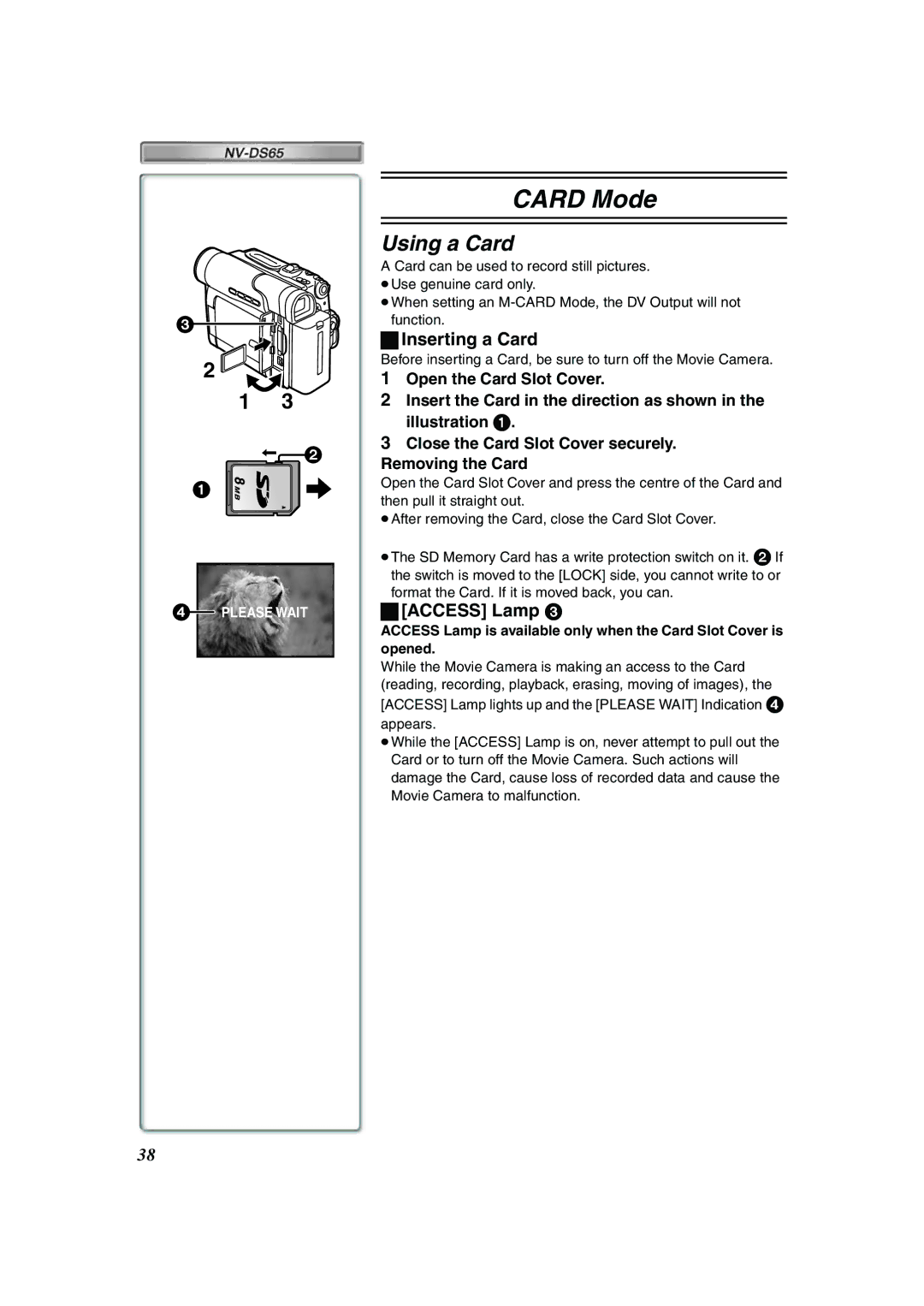 Panasonic NV-DS60EG, NV-DS65EG operating instructions Using a Card, Inserting a Card, Access Lamp 