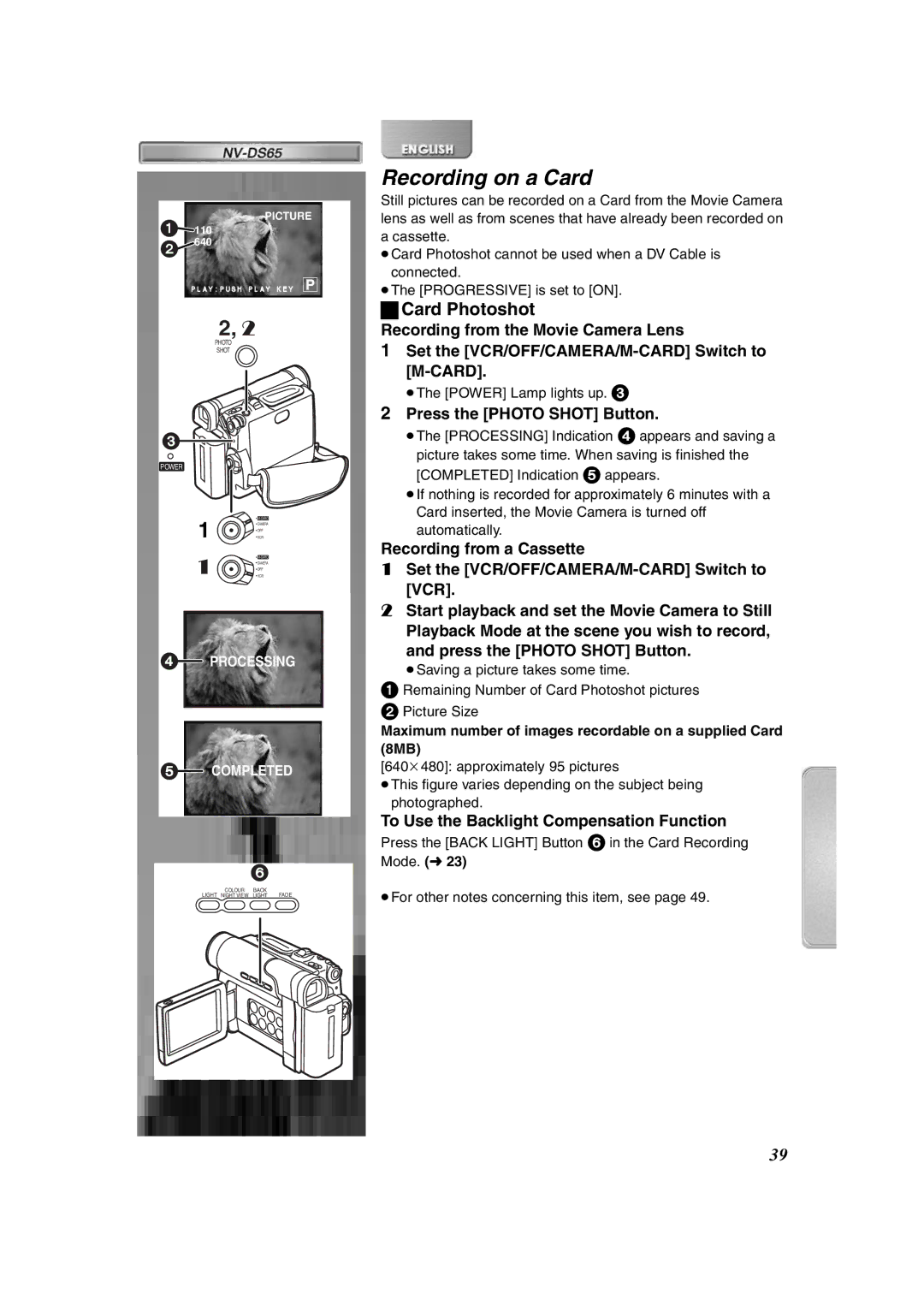 Panasonic NV-DS65EG, NV-DS60EG operating instructions Recording on a Card, Card Photoshot, Press the Photo Shot Button 