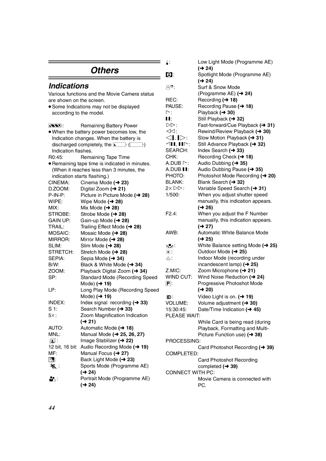 Panasonic NV-DS60EG, NV-DS65EG operating instructions Indications 