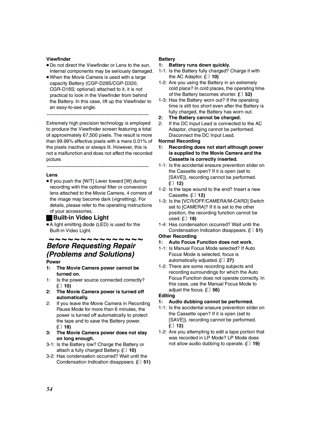 Panasonic NV-DS60EG, NV-DS65EG operating instructions Before Requesting Repair Problems and Solutions, Built-in Video Light 