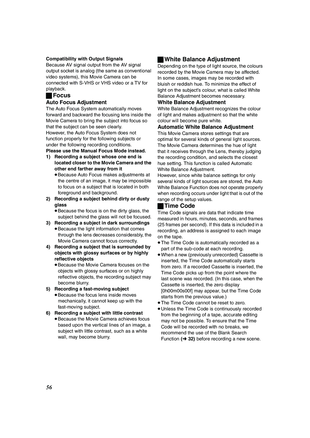 Panasonic NV-DS60EG, NV-DS65EG operating instructions Focus, White Balance Adjustment, Time Code 