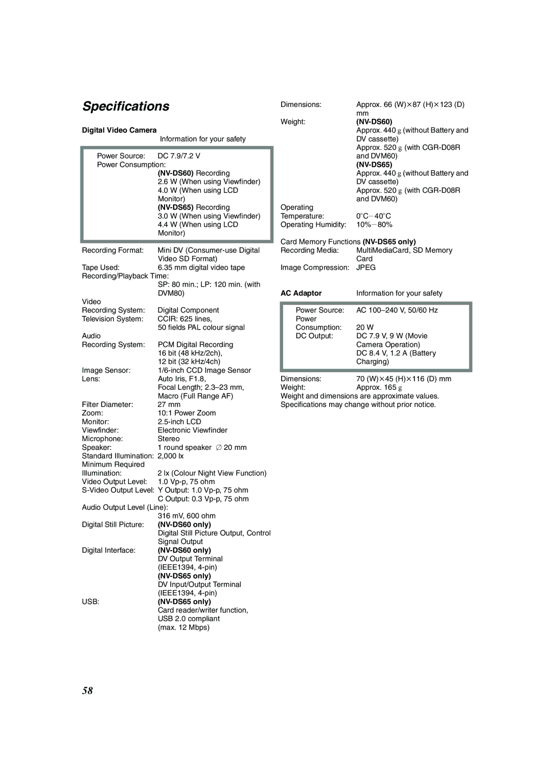 Panasonic NV-DS60EG, NV-DS65EG operating instructions Specifications, NV-DS65 Recording 