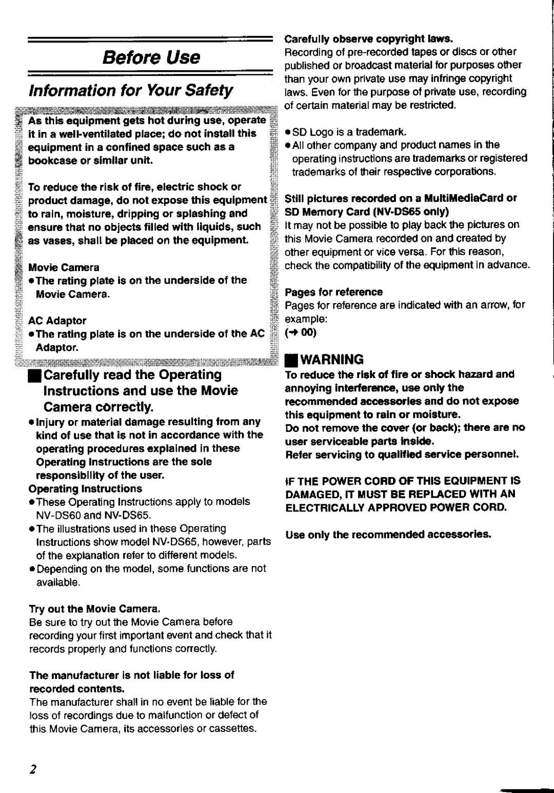 Panasonic NV-DS65A, NV-DS60A manual 