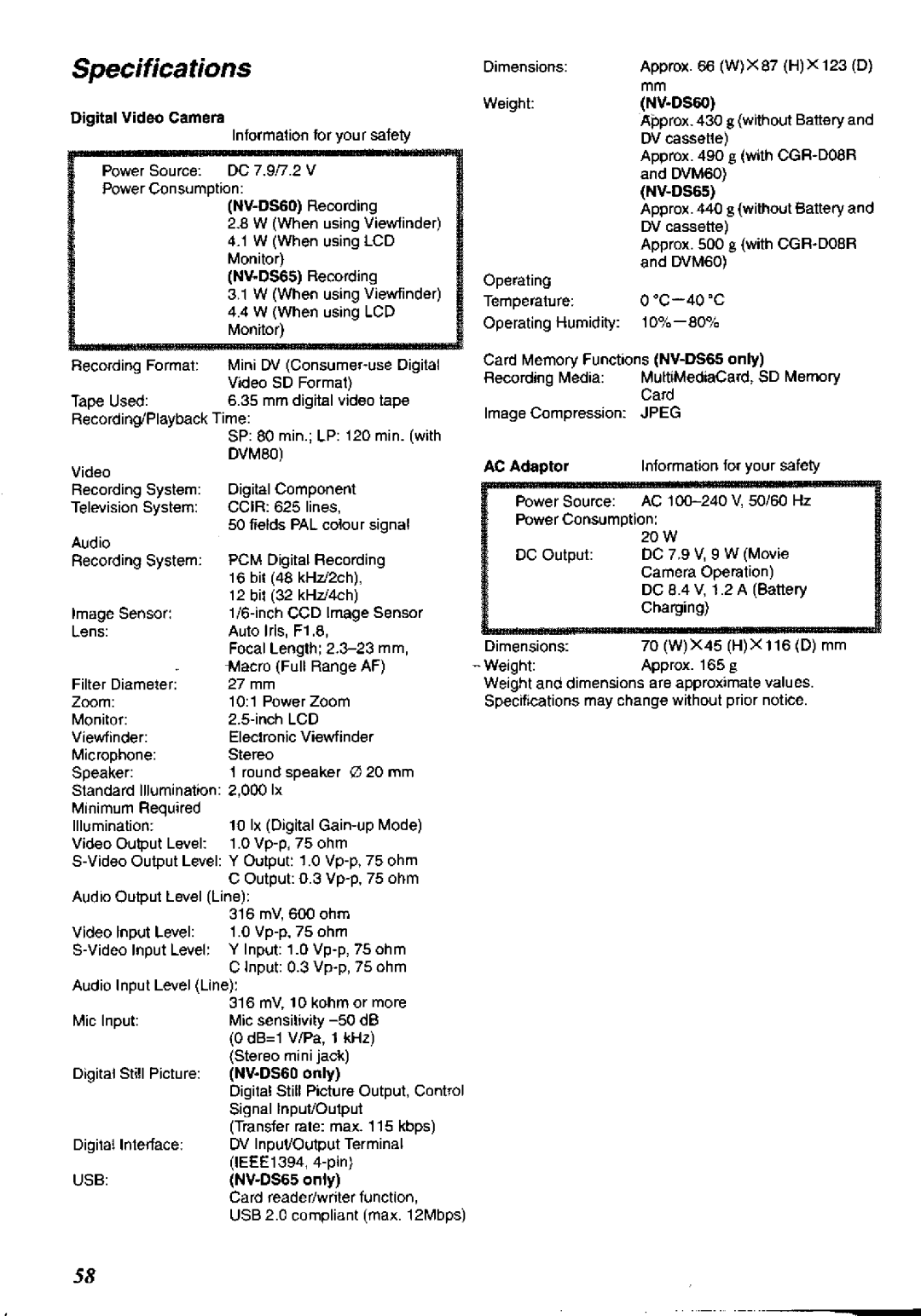 Panasonic NV-DS65A, NV-DS60A manual 