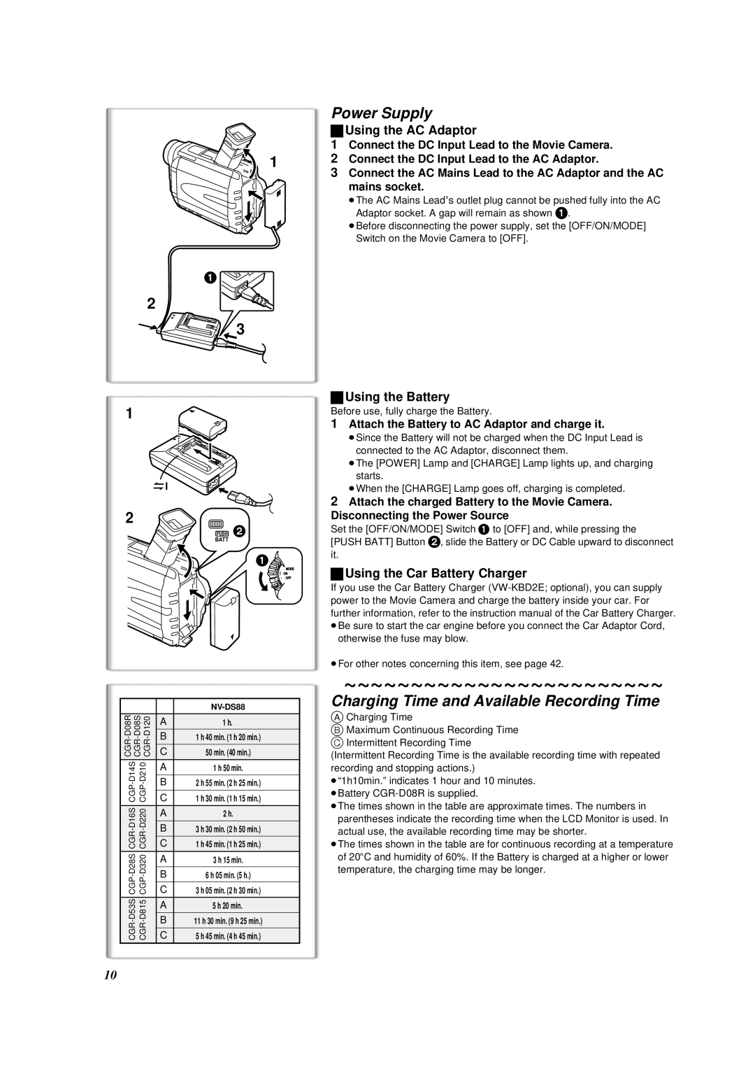 Panasonic NV-DS88A Power Supply, Charging Time and Available Recording Time, Using the AC Adaptor, Using the Battery 