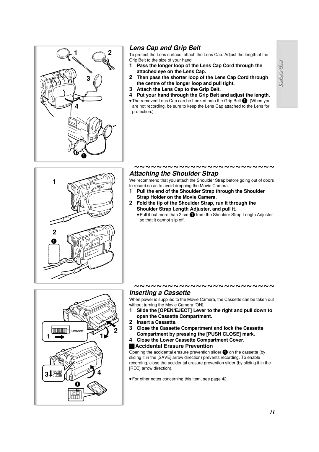 Panasonic NV-DS88A operating instructions Lens Cap and Grip Belt, Attaching the Shoulder Strap, Inserting a Cassette 