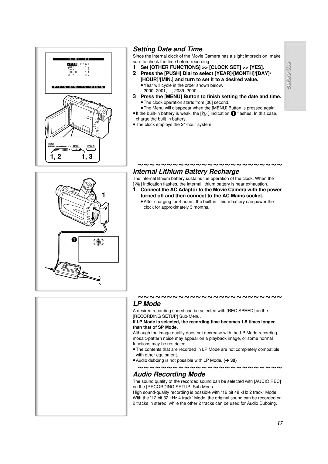 Panasonic NV-DS88A Setting Date and Time, Internal Lithium Battery Recharge, LP Mode, Audio Recording Mode 