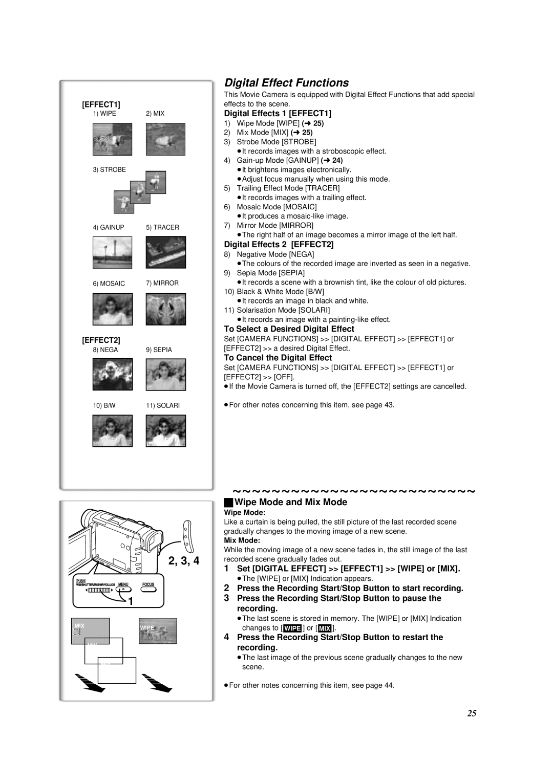 Panasonic NV-DS88A operating instructions Digital Effect Functions, Wipe Mode and Mix Mode 