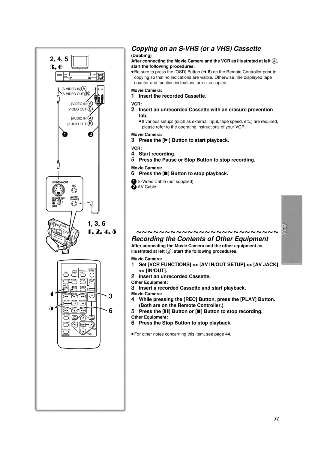 Panasonic NV-DS88A operating instructions Copying on an S-VHS or a VHS Cassette, Recording the Contents of Other Equipment 