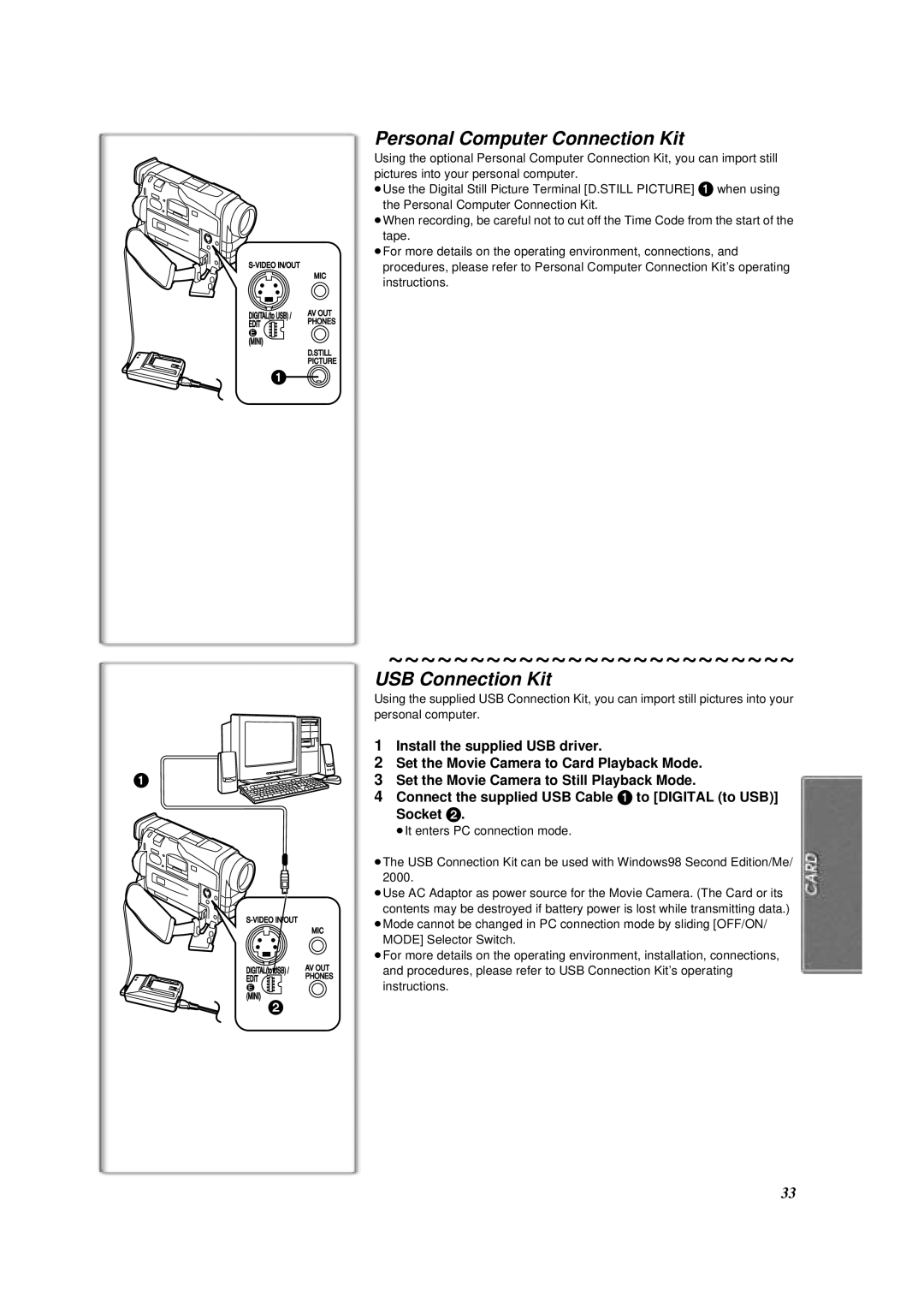 Panasonic NV-DS88A operating instructions Personal Computer Connection Kit, USB Connection Kit 