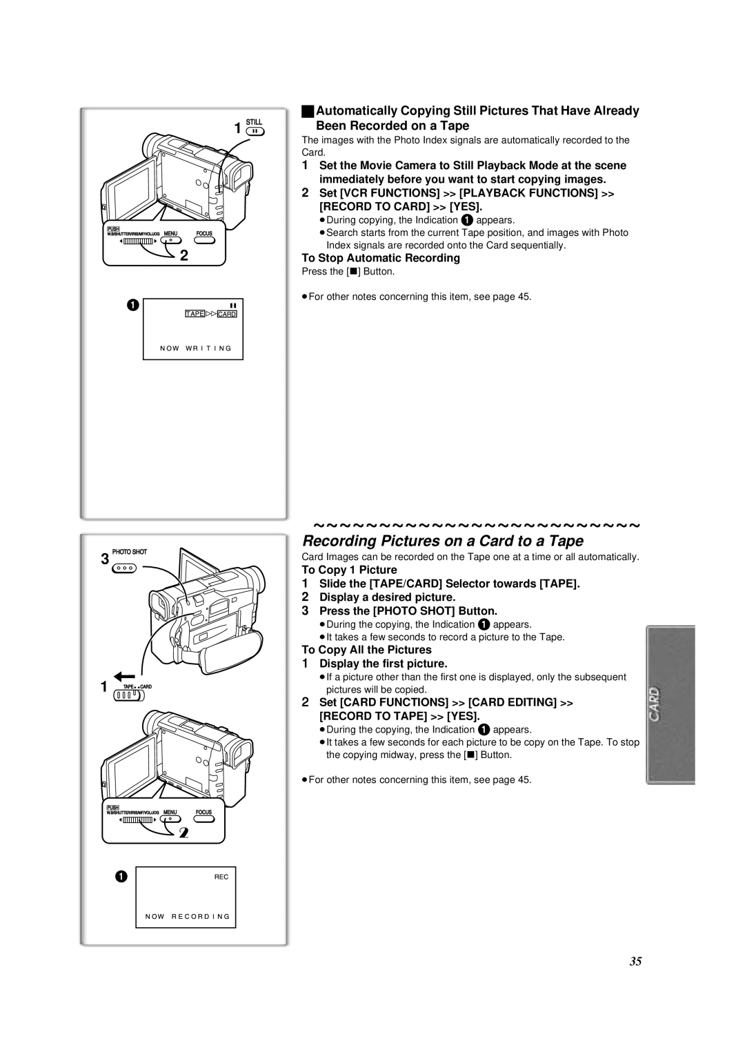 Panasonic NV-DS88A Recording Pictures on a Card to a Tape, To Stop Automatic Recording, Set Card Functions Card Editing 