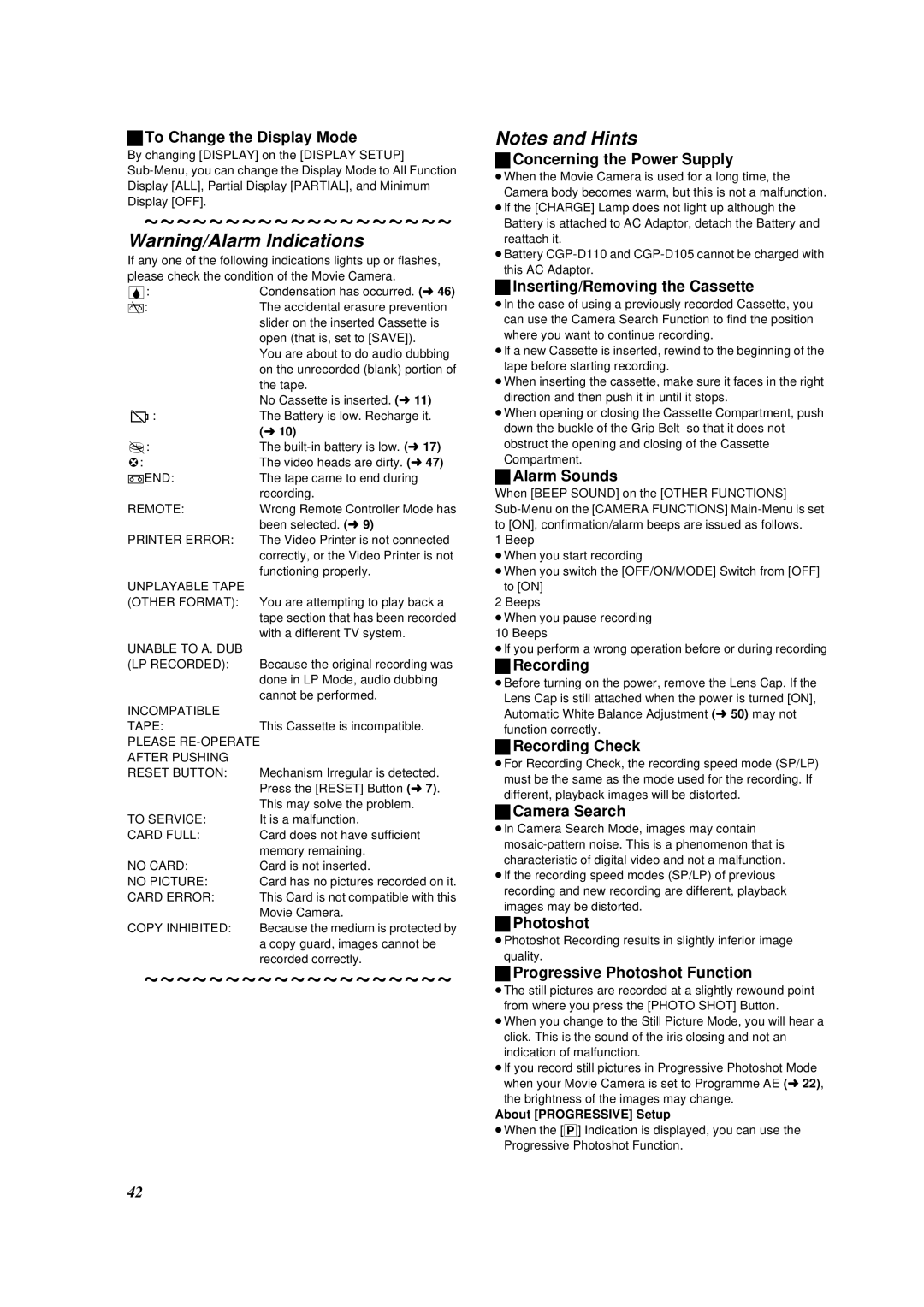 Panasonic NV-DS88A To Change the Display Mode, Concerning the Power Supply, Inserting/Removing the Cassette, Alarm Sounds 