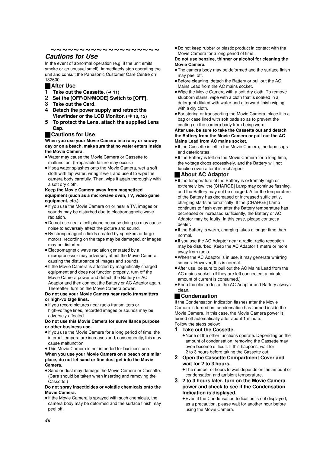 Panasonic NV-DS88A operating instructions After Use, About AC Adaptor, Condensation, Take out the Cassette 