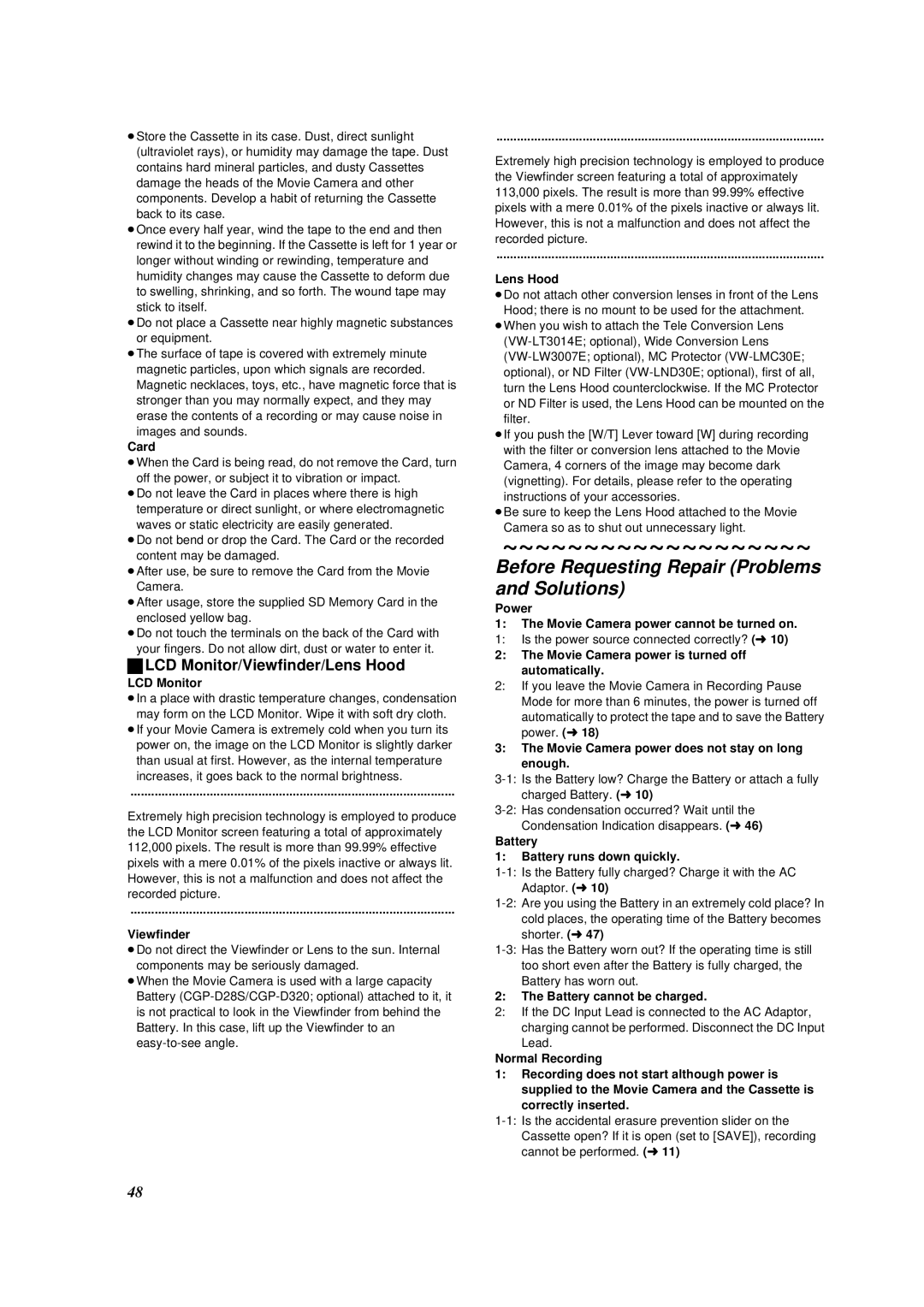 Panasonic NV-DS88A operating instructions Before Requesting Repair Problems and Solutions, LCD Monitor/Viewfinder/Lens Hood 