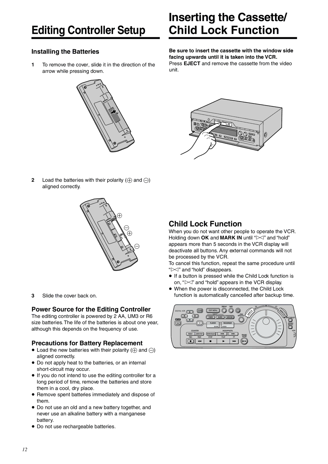 Panasonic NV-DV2000EC operating instructions Editing Controller Setup, Child Lock Function, Installing the Batteries 