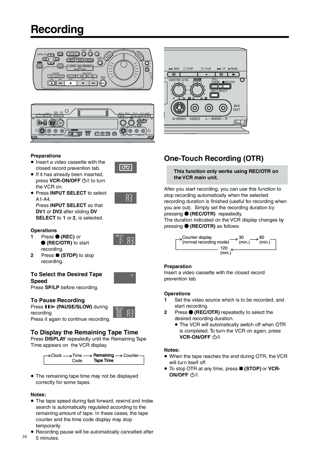 Panasonic NV-DV2000EC One-Touch Recording OTR, To Display the Remaining Tape Time, To Select the Desired Tape Speed 