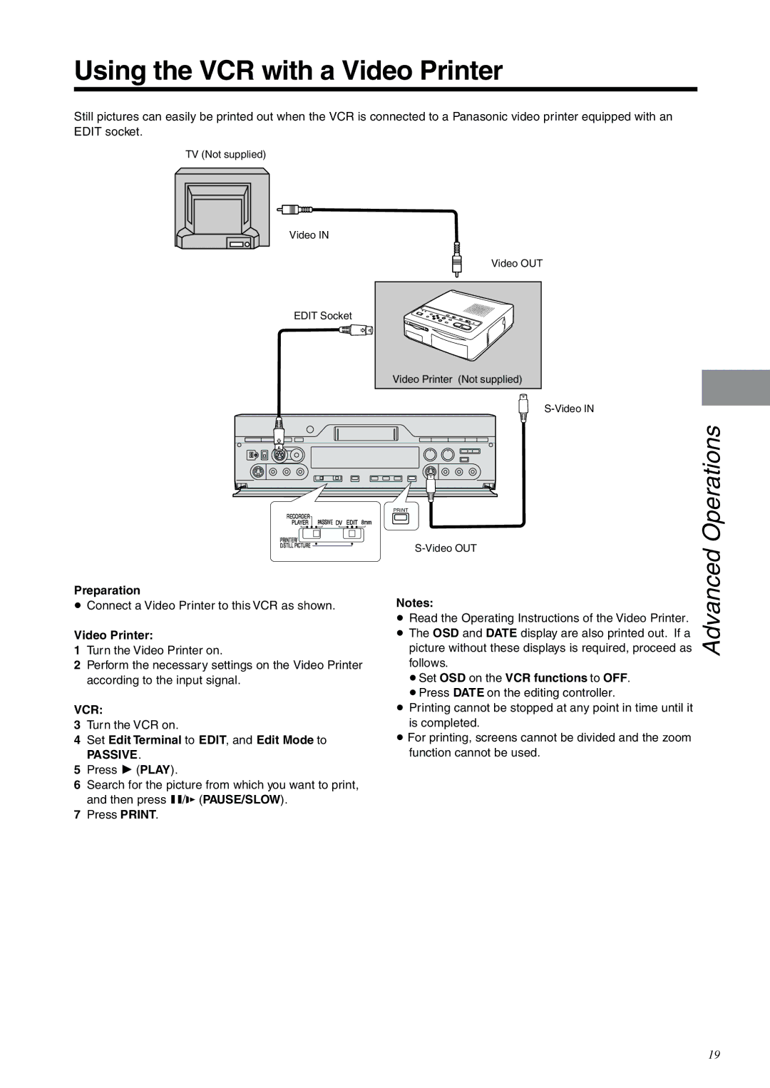 Panasonic NV-DV2000EC Using the VCR with a Video Printer, Operations, Set Edit Terminal to EDIT, and Edit Mode to 