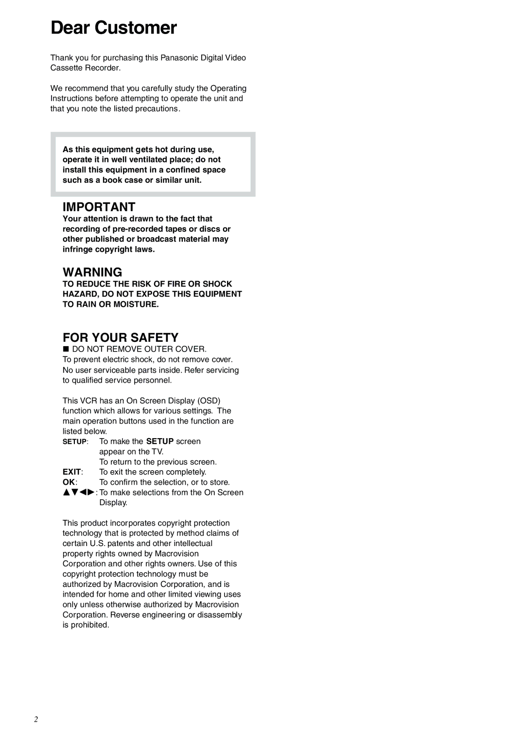 Panasonic NV-DV2000EC operating instructions Dear Customer, For Your Safety 