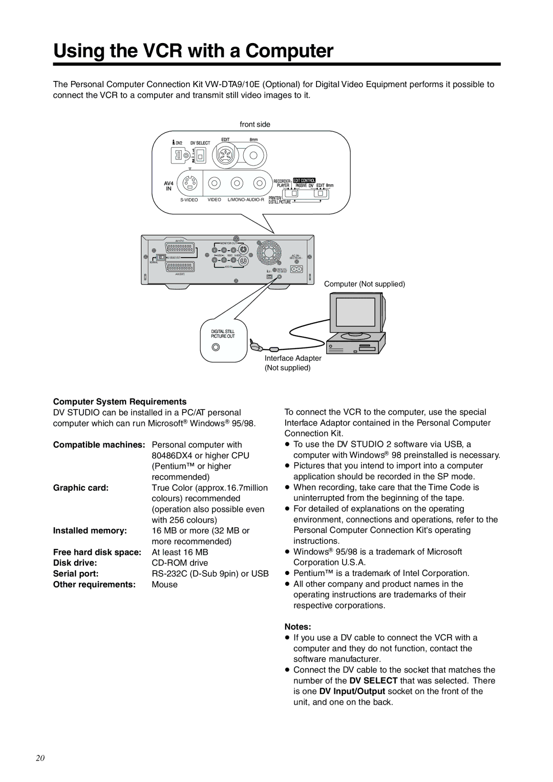 Panasonic NV-DV2000EC operating instructions Using the VCR with a Computer 