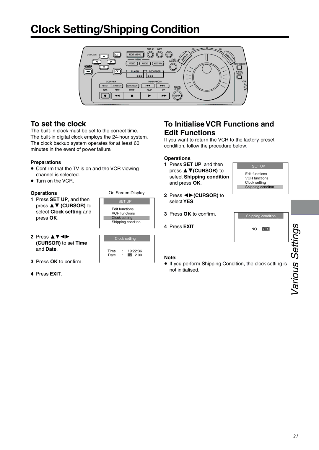 Panasonic NV-DV2000EC Clock Setting/Shipping Condition, To set the clock, To Initialise VCR Functions and Edit Functions 