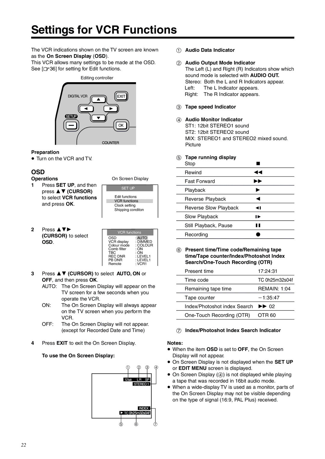 Panasonic NV-DV2000EC Settings for VCR Functions, Audio Data Indicator Audio Output Mode Indicator, Tape running display 