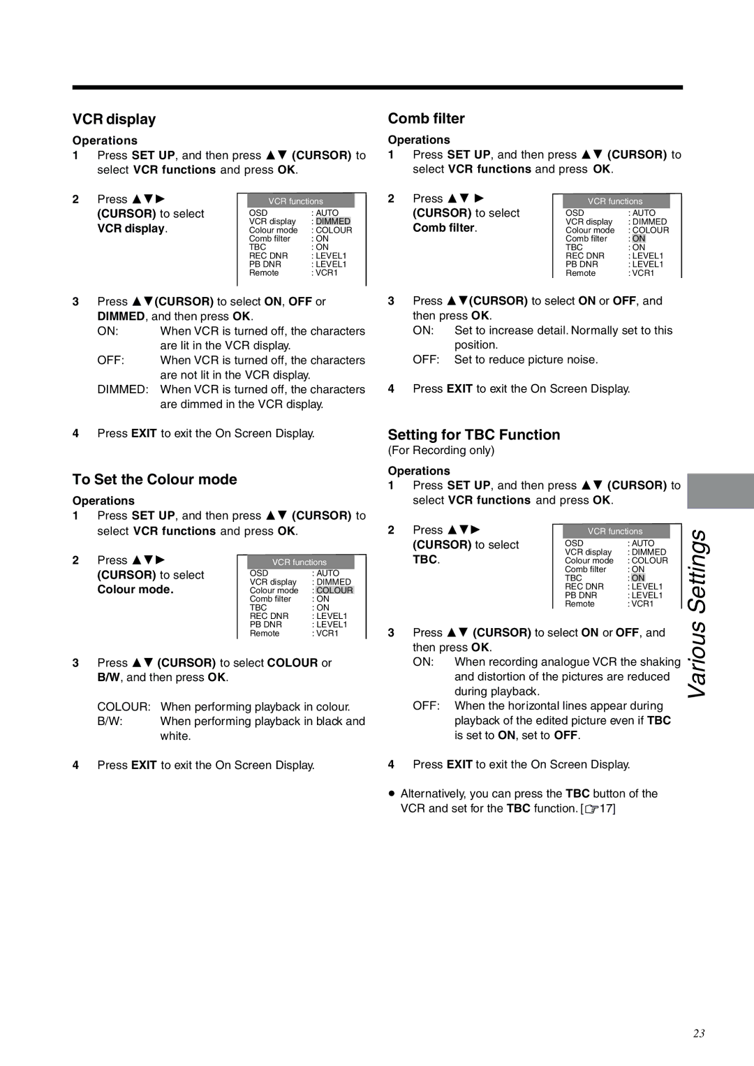 Panasonic NV-DV2000EC operating instructions VCR display, To Set the Colour mode, Comb filter, Setting for TBC Function 