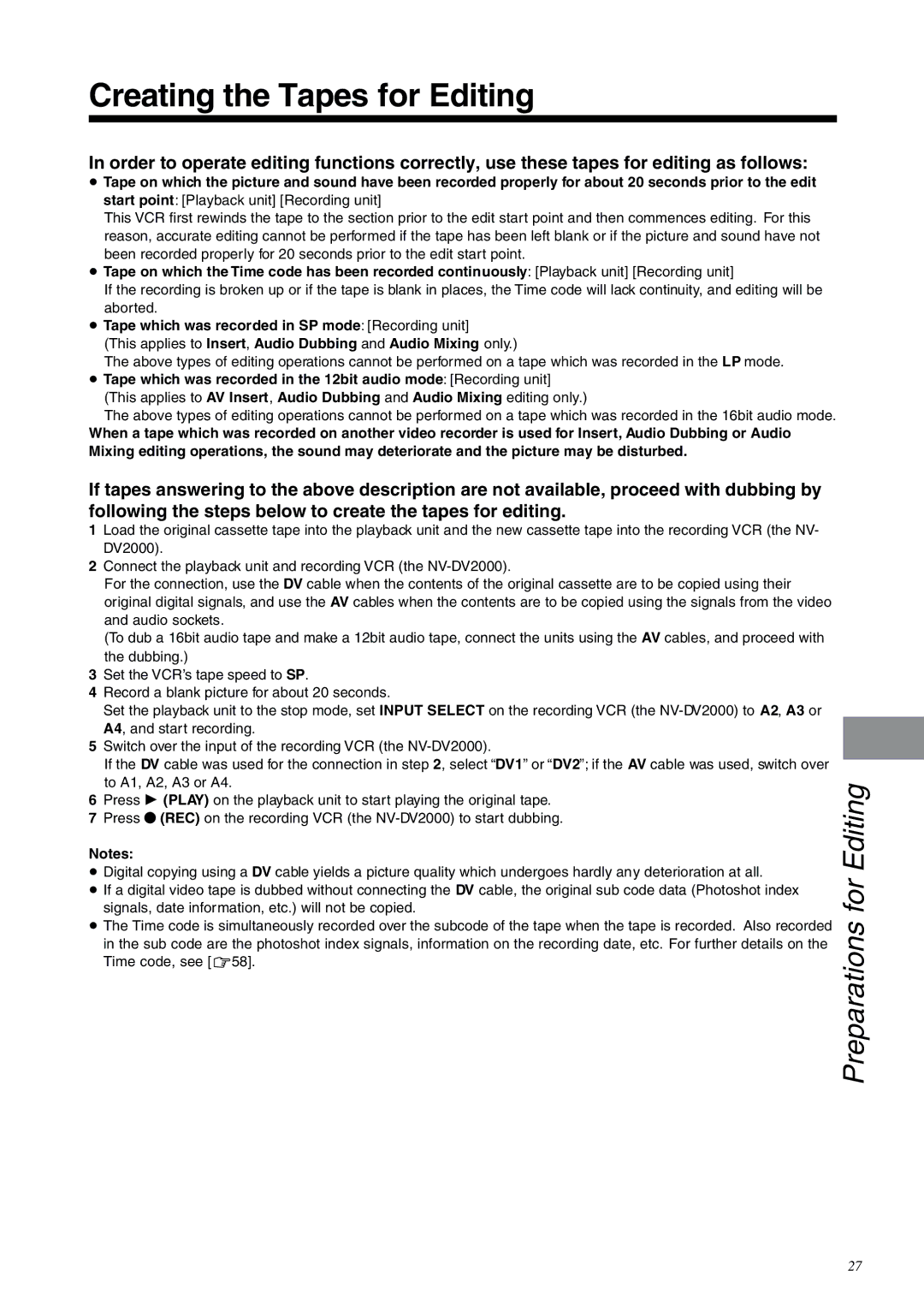 Panasonic NV-DV2000EC operating instructions Creating the Tapes for Editing 