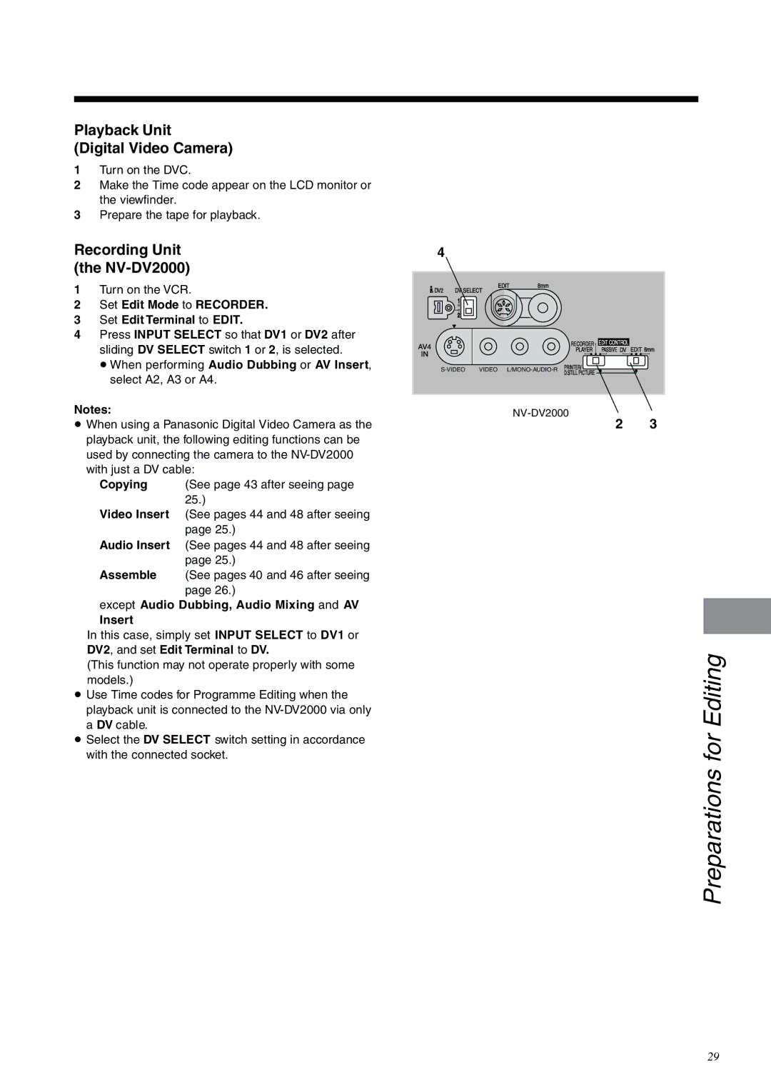 Panasonic NV-DV2000EC operating instructions Playback Unit Digital Video Camera, Recording Unit NV-DV2000, Turn on the VCR 