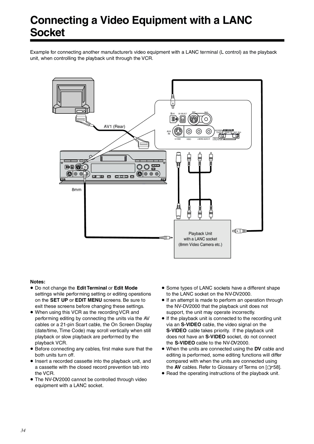 Panasonic NV-DV2000EC operating instructions Connecting a Video Equipment with a Lanc Socket 