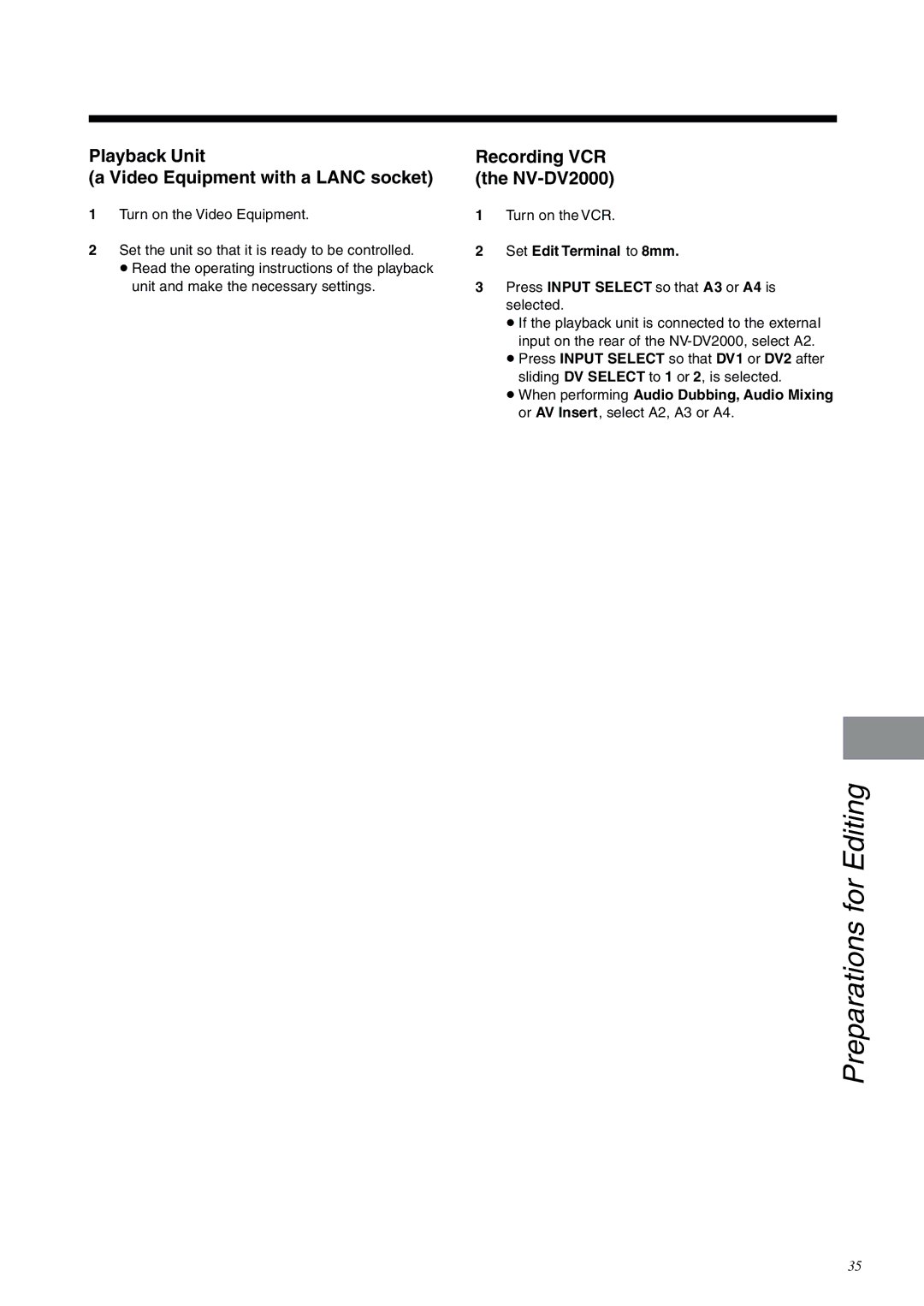 Panasonic NV-DV2000EC operating instructions Playback Unit Video Equipment with a Lanc socket, Set Edit Terminal to 8mm 