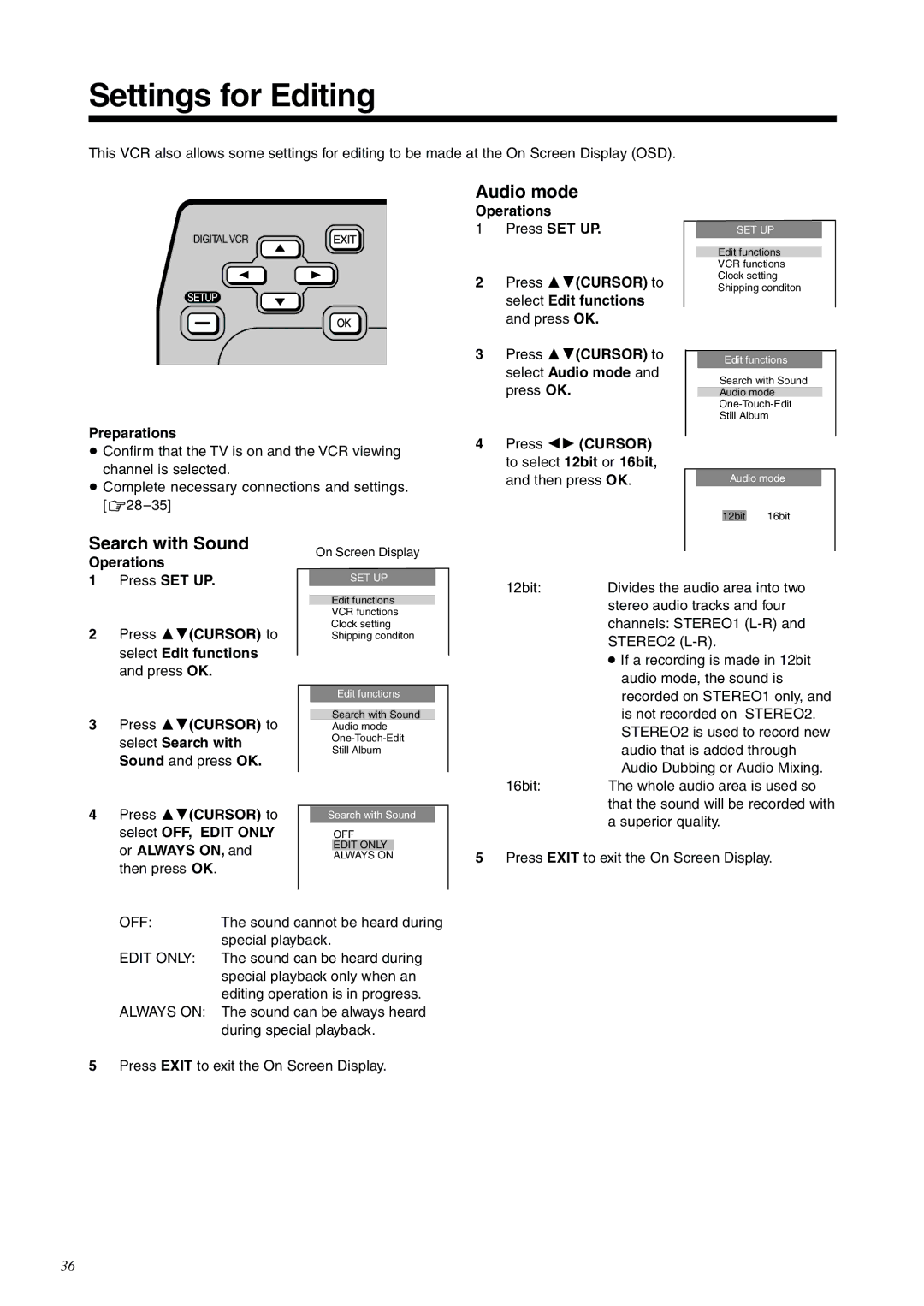 Panasonic NV-DV2000EC operating instructions Settings for Editing, Audio mode, Search with Sound 