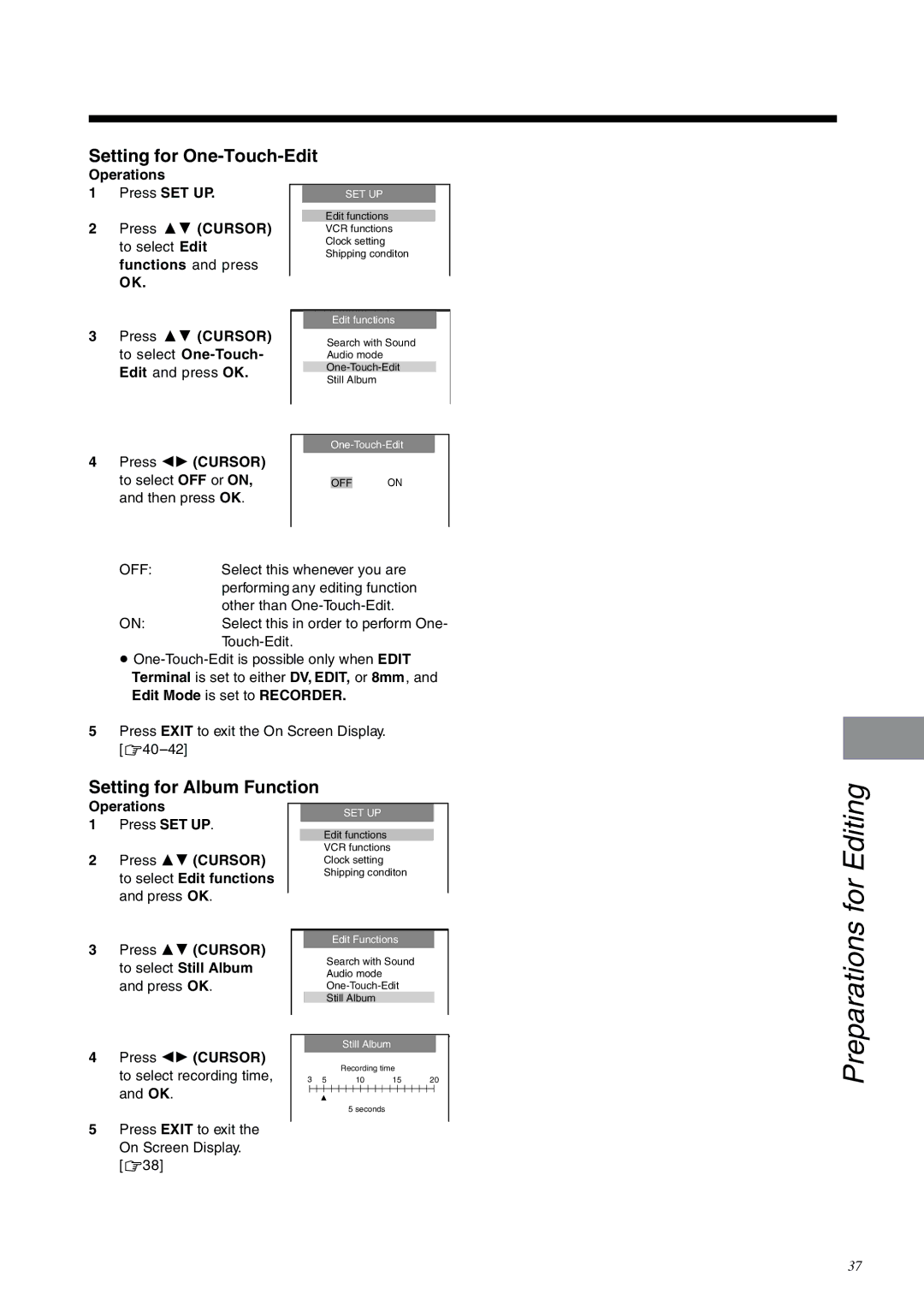 Panasonic NV-DV2000EC operating instructions Setting for One-Touch-Edit, Setting for Album Function 