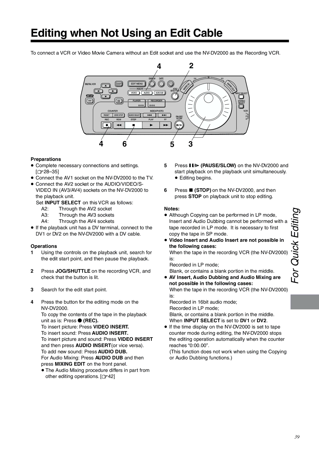 Panasonic NV-DV2000EC operating instructions Editing when Not Using an Edit Cable, Quick 