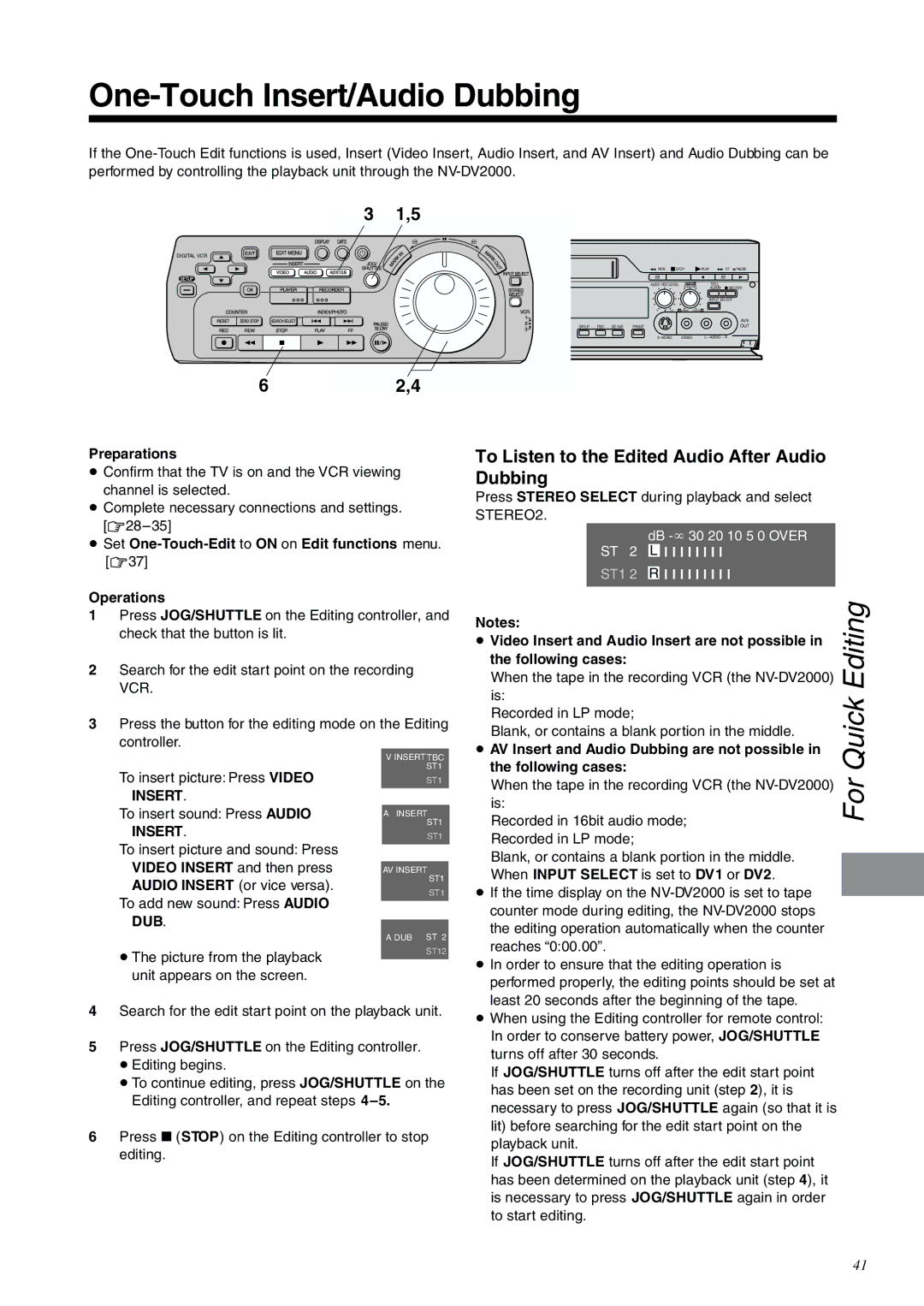 Panasonic NV-DV2000EC operating instructions One-Touch Insert/Audio Dubbing, Editing, For, 62,4 