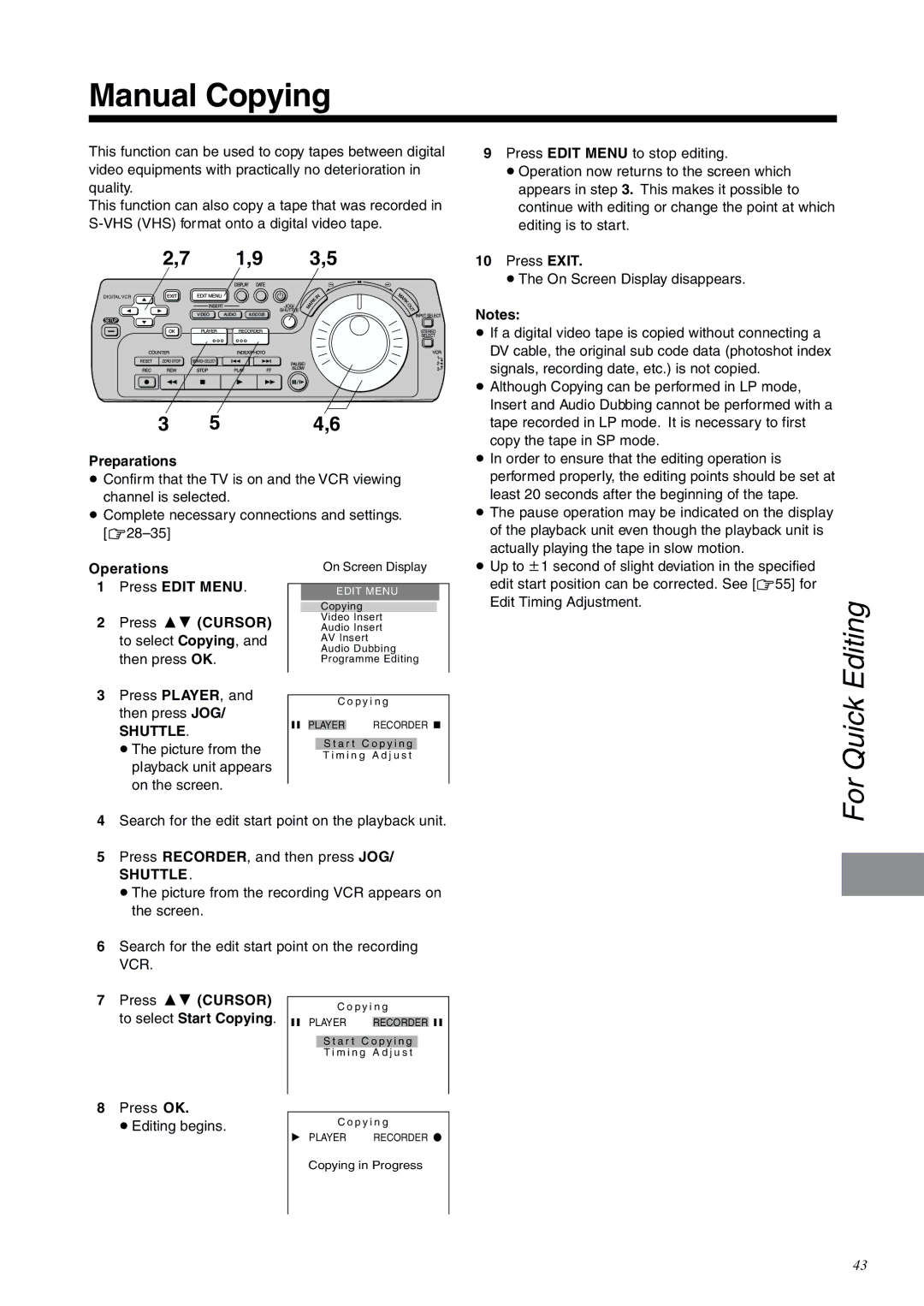 Panasonic NV-DV2000EC operating instructions Manual Copying, Operations Press Edit Menu, To select Start Copying. Player 