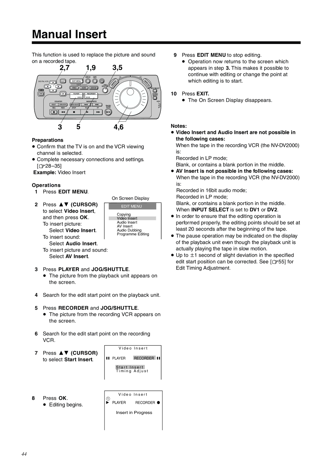 Panasonic NV-DV2000EC Manual Insert, Select Audio Insert, Press Player and JOG/SHUTTLE, Press Recorder and JOG/SHUTTLE 