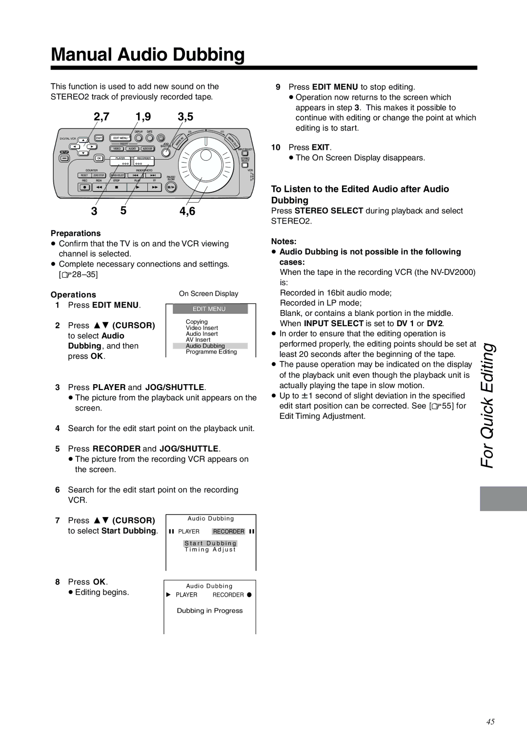 Panasonic NV-DV2000EC operating instructions Manual Audio Dubbing, To Listen to the Edited Audio after Audio Dubbing 