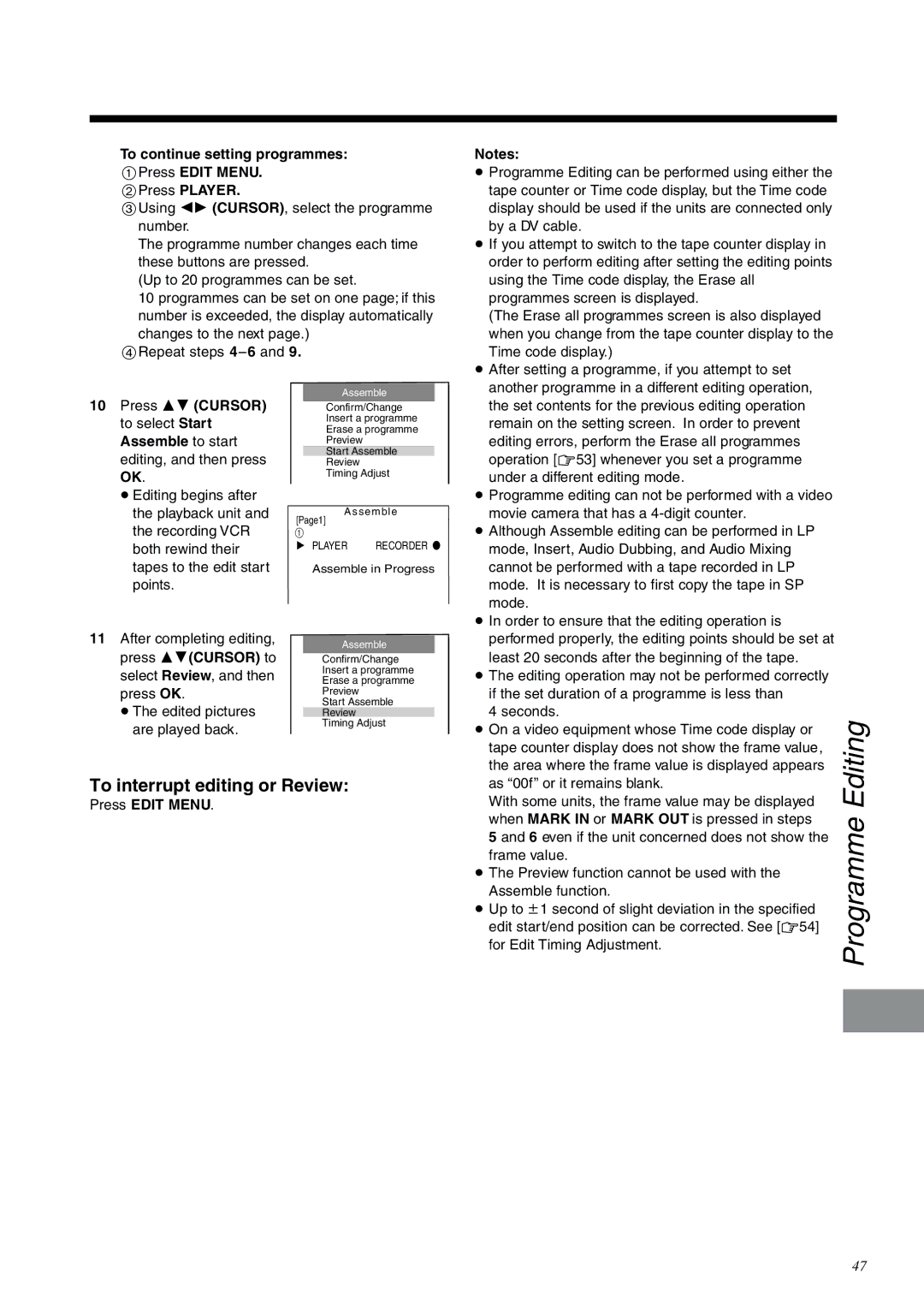 Panasonic NV-DV2000EC operating instructions Programme, To interrupt editing or Review 