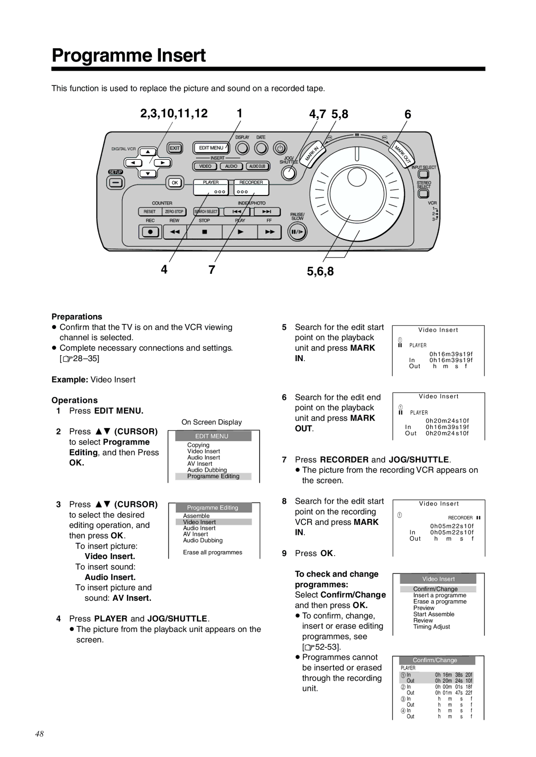 Panasonic NV-DV2000EC operating instructions Programme Insert, 5,8, Video Insert, Audio Insert 