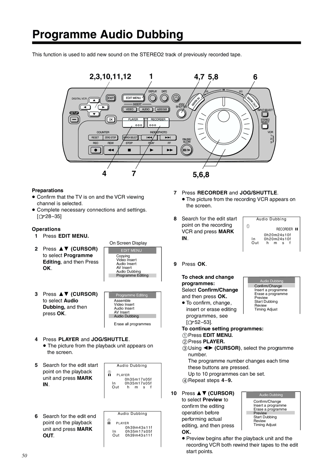 Panasonic NV-DV2000EC Programme Audio Dubbing, To check and change Programmes, Select Confirm/Change, 1Press Edit Menu 