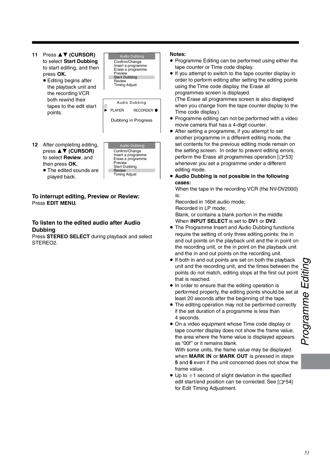 Panasonic NV-DV2000EC operating instructions Programme Editing, To interrupt editing, Preview or Review 