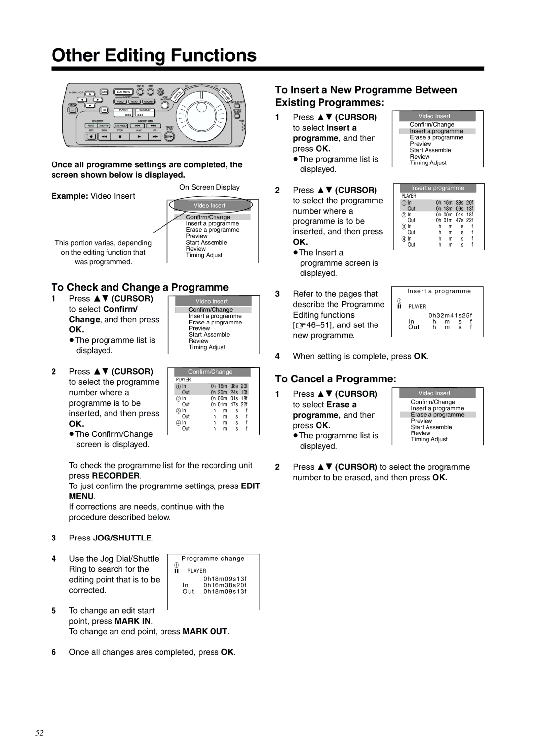 Panasonic NV-DV2000EC operating instructions Other Editing Functions, To Insert a New Programme Between Existing Programmes 